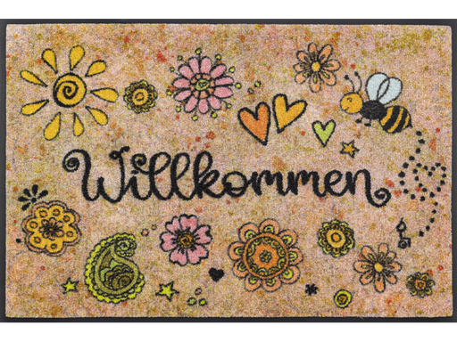 Fußmatte mit freundlichen Motiven und Schriftzug "Willkommen"