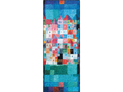 Fußmatte mit bunten Häusern auf blauem Hintergrund in Kachelform