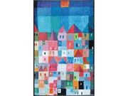 Fußmatte mit bunten Häusern auf blauem Hintergrund in Kachelform