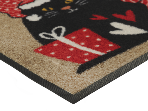 Eckansicht der Fußmatte mit Katzenmotiv in festich-weihnachtlichem Stil