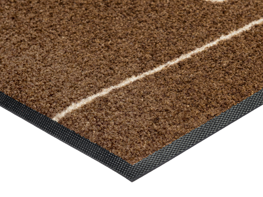 Eckansicht der braunen Fußmatte mit liniengezeichnetem Dackel-Hund