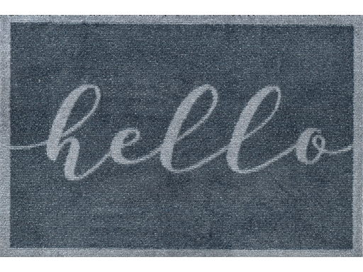 graue Fußmatte mit Aufschrift "hello"