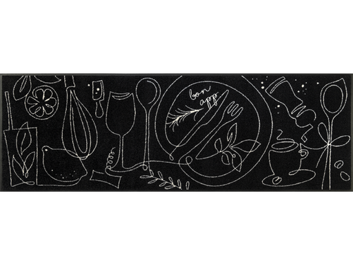Küchenläufer mit Teller, Besteck, Küchenhelfer, Gläser in zarten weißen Linien auf schwarzem Hintergrund
