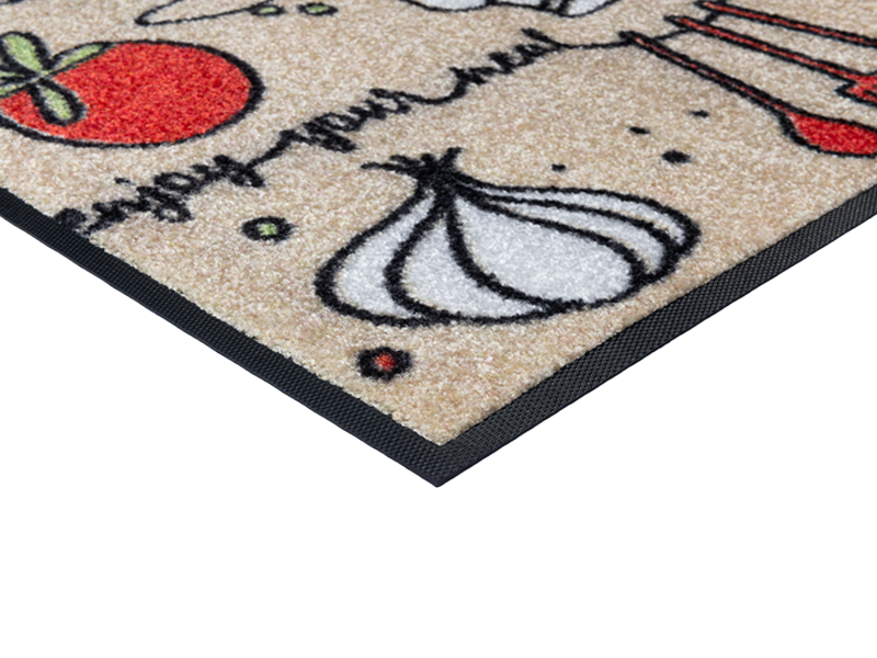 Eckansicht der Fußmatte für die Küche mit Küchenutensilien