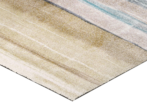 Eckansicht der Fußmatte mit beige-blauen Streifenmuster