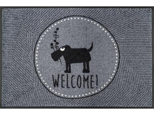 graue Fußmatte mit Schriftzug "WELCOME!" und Hundemotiv
