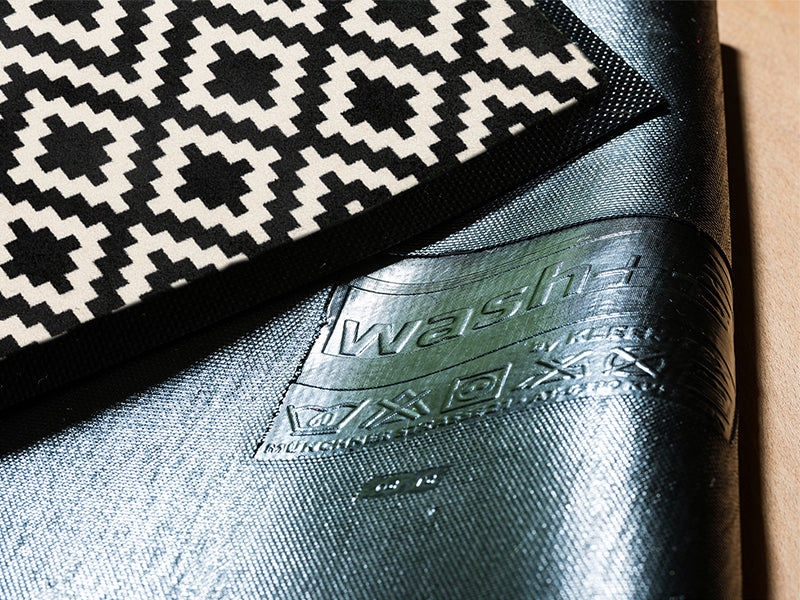 Rückenansicht der schwarz-weiß gemusterten Fußmatte