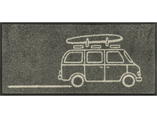graue Fußmatte mit Van und Surfboard