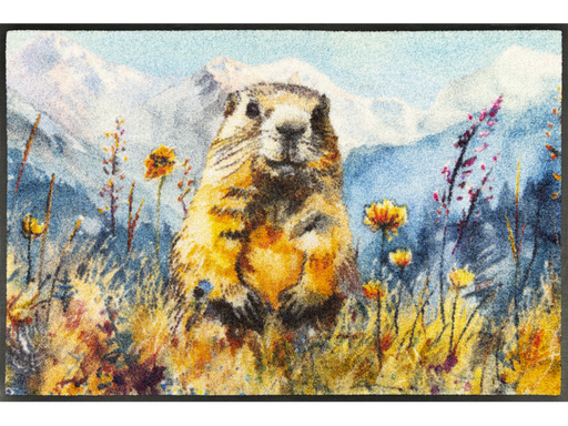 Fußmatte mit Murmeltier, Blumenwiese und Berglandschaft