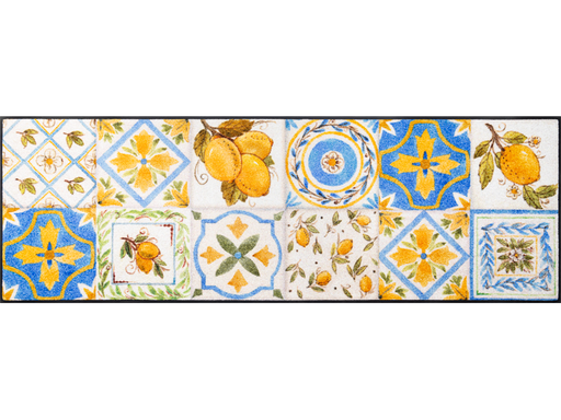 Fußmatte mit Kachelmotiven und Zitronen in blau und gelb