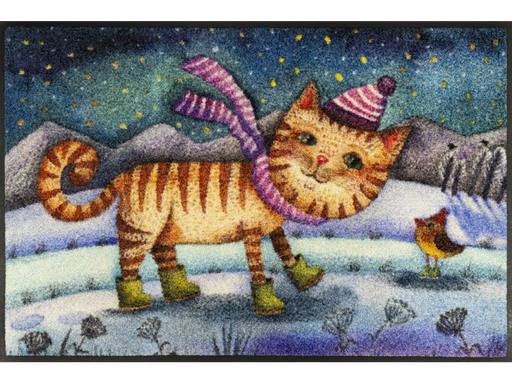Fußmatte mit Katze und Vogel in einer Winterlandschaft im Comic Stil