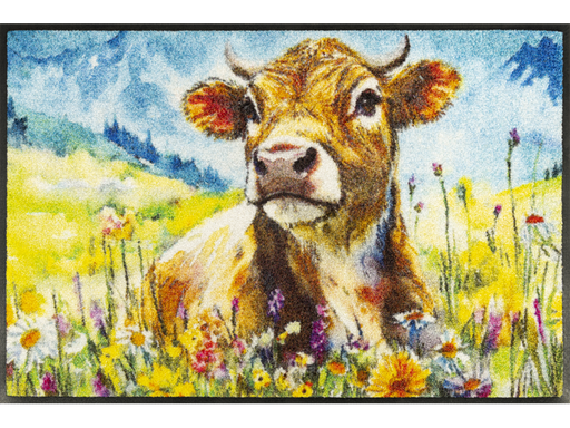 Fußmatte mit Kuh und Blumenwiese