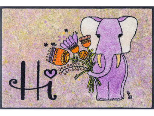 Fußmatte mit Elefant und Blumenstrauß und Schriftzug „Hi“