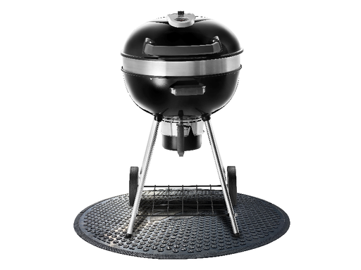 schwarze runde BBQ-Matte mit Logo Matsmiths unter dem Griller