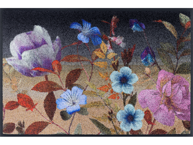 Fußmatte in schwarz mit buntem, violettem Blumenmotiv