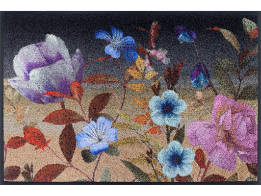 Fußmatte in schwarz mit buntem, violettem Blumenmotiv