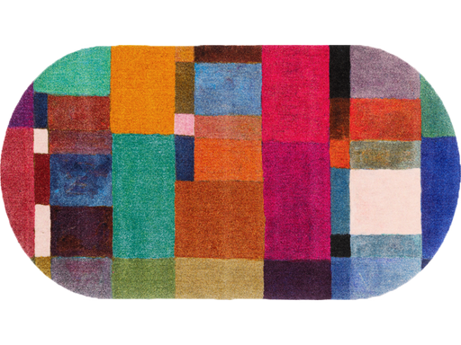 ovalförmige Fußmatte mit bunten Rechtecken
