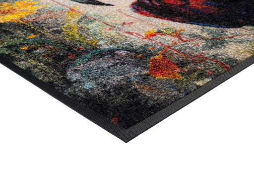 Eckansicht der Fußmatte mit Papagei und bunten Farben