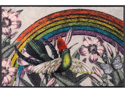 Fußmatte mit Vogel, Blumen und Regenbogen
