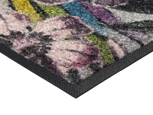 Eckansicht der Fußmatte mit Vogel, Blumen und Regenbogen