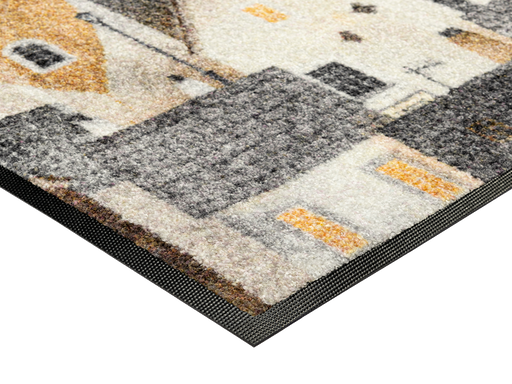 Eckdetail der Fußmatte mit Reihenhäusern in grauen Farben