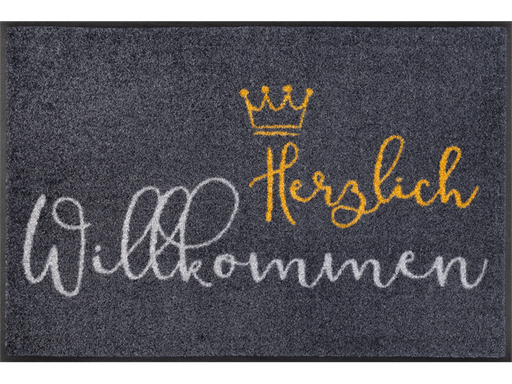 Fußmatte in grau mit Schrift "Herzlich Willkommen" und einer Krone