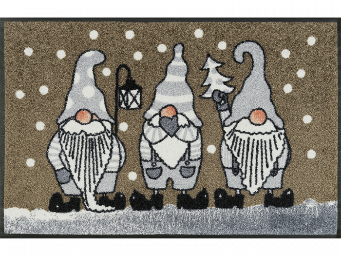Fußmatte mit drei grauen Zwergen mit Zipfelmütze in taupe-farben