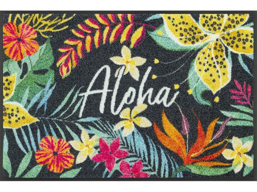 Fußmatte mit Schriftzug "Aloha" und tropischen, bunten Pflanzen