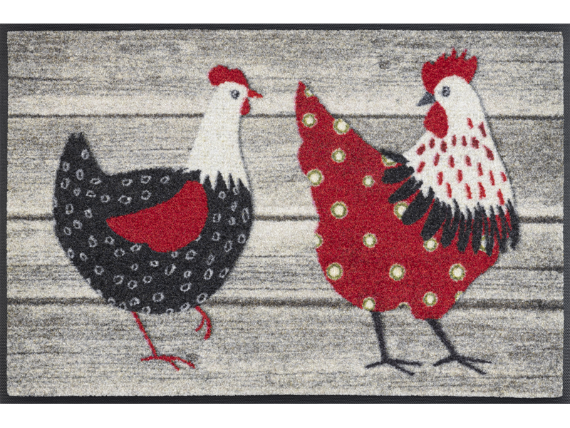 Fußmatte mit rot/weiß/schwarzen Hühnern
