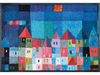 Fußmatte mit bunten Häusern auf blauem Hintergrund in Kachelform