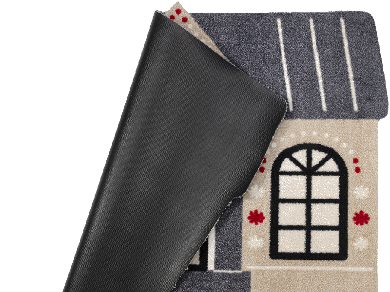 Rückenansicht der Fußmatte mit grau-beigen Haus