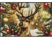 winterliche Fußmatte mit Hirsch, Schnee und roten Christbaumkugeln