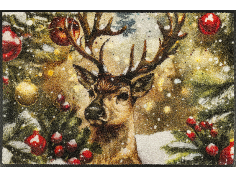 winterliche Fußmatte mit Hirsch, Schnee und roten Christbaumkugeln
