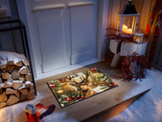 winterliche Fußmatte mit Hirsch, Schnee und roten Christbaumkugeln vor der Eingangstür