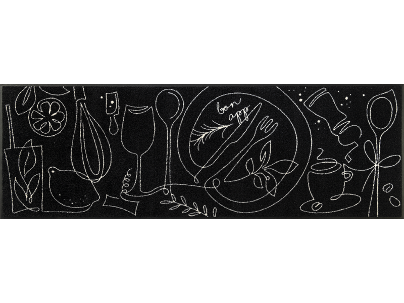 Küchenläufer mit Teller, Besteck, Küchenhelfer, Gläser in zarten weißen Linien auf schwarzem Hintergrund