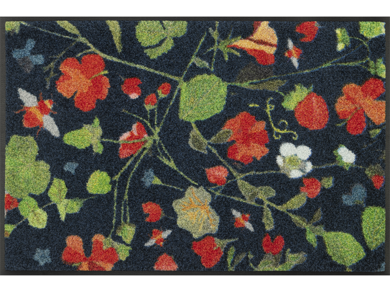 Fußmatte mit roten Blumen und grünen Blumenstängeln und Bienen auf dunkelblauem Hintergrund