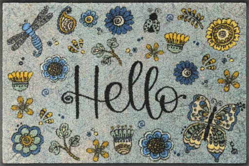 Fußmatte mit Blütenmotiven, Schmetterling, Libelle und Schriftzug "Hello"