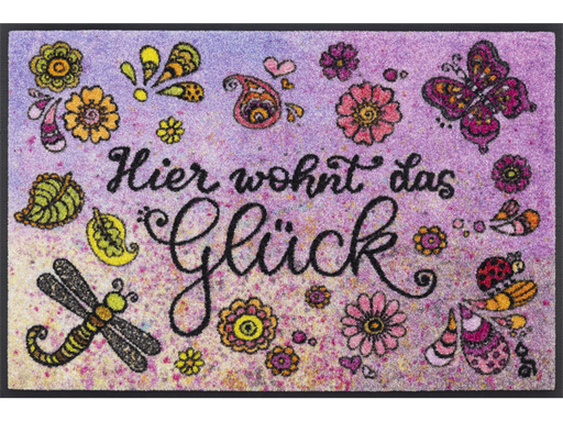 Fußmatte mit Schriftzug "Hier wohnt das Glück" und gemalten Blumen-Tiermotiven