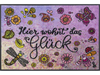 Fußmatte mit Schriftzug "Hier wohnt das Glück" und gemalten Blumen-Tiermotiven
