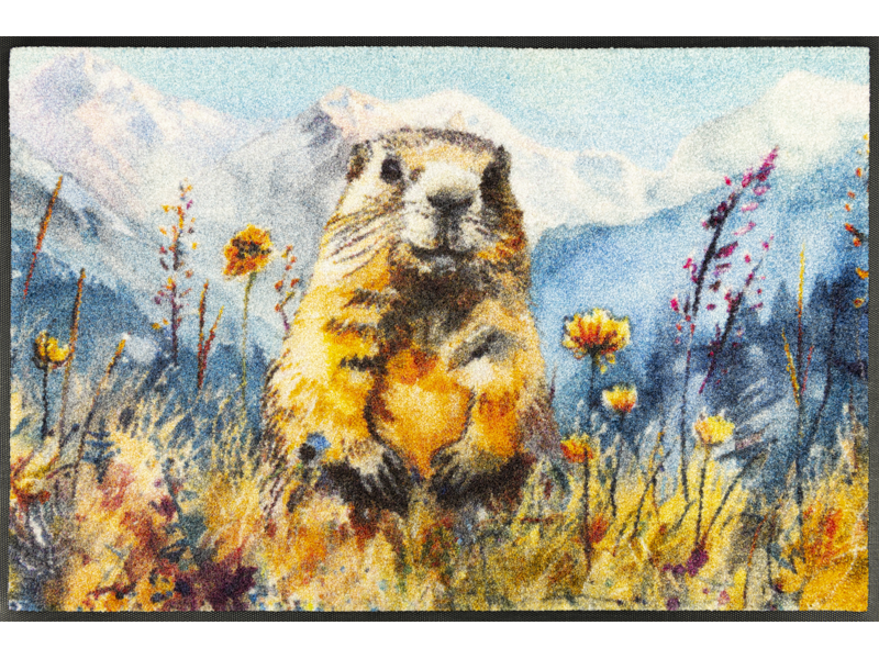 Fußmatte mit Murmeltier, Blumenwiese und Berglandschaft