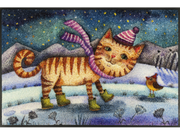 Fußmatte mit Katze und Vogel in einer Winterlandschaft im Comic Stil