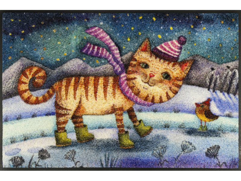 Fußmatte mit Katze und Vogel in einer Winterlandschaft im Comic Stil