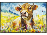 Fußmatte mit Kuh und Blumenwiese