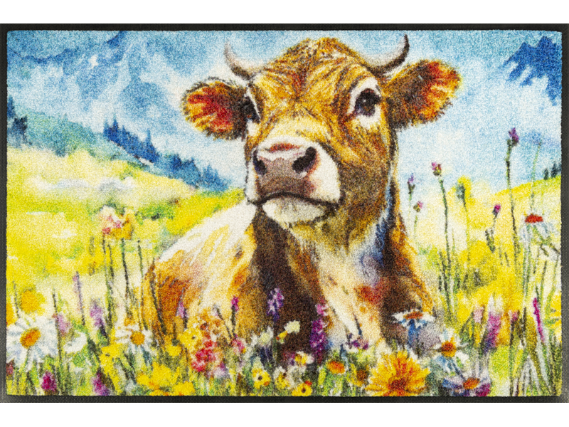 Fußmatte mit Kuh und Blumenwiese