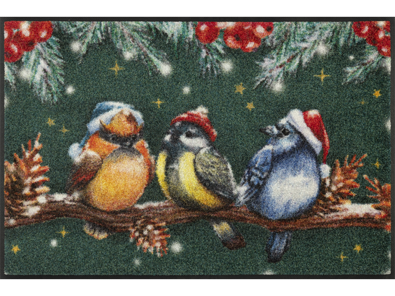 Fußmatte mit drei Vögel auf einem winterlichen Ast mit Tannen und Misteln