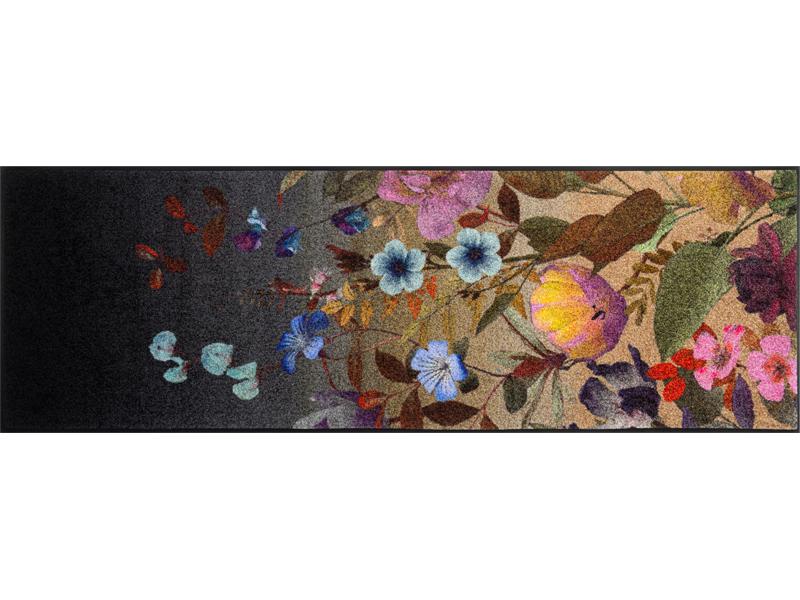 Läufer in schwarz mit buntem, violettem Blumenmotiv