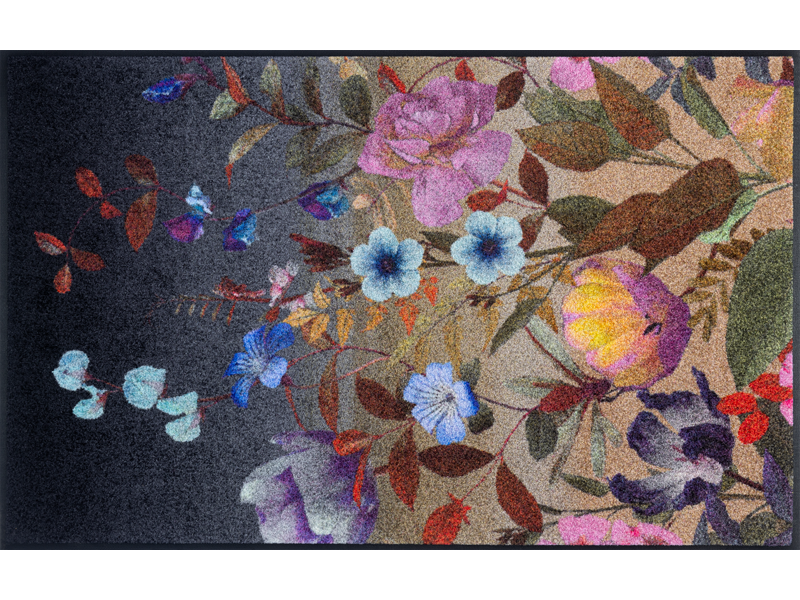 Fußmatte in schwarz mit buntem, violettem Blumenmotiv