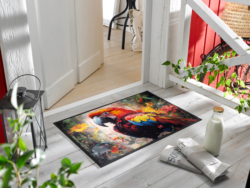 Fußmatte mit Papagei und bunten Farben vor der Tür