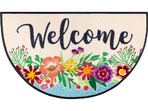 halbrunde Fußmatte mit Blumen und Schriftzug "Welcome"