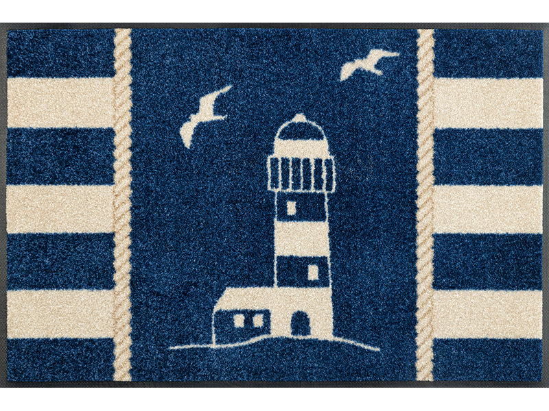 Fußmatte mit Leuchtturm und Möwen in blau-sandfarben